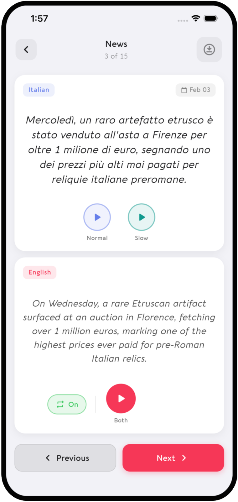 Language Dashboard app showing an Italian news sentence with English translation and audio controls